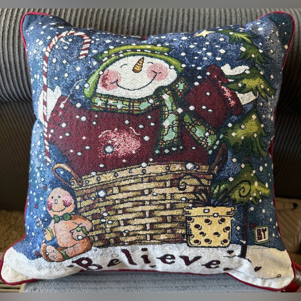 Longaberger Snowman Tapestry Gingerbread Holiday Pillow Red and Green Accents